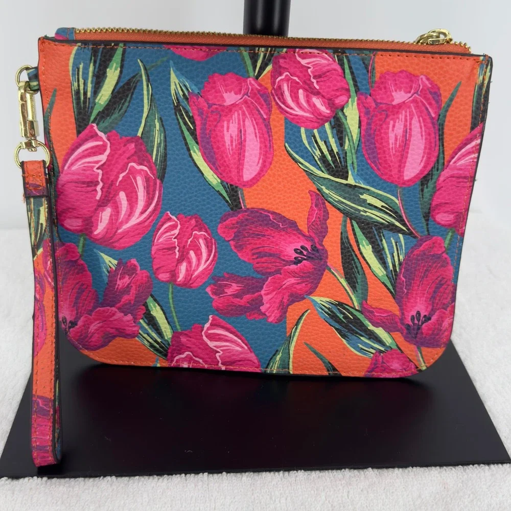Steve Madden Floral Tulip Print Wristlet Clutch Bag Pink Orange Blue Gold Zip